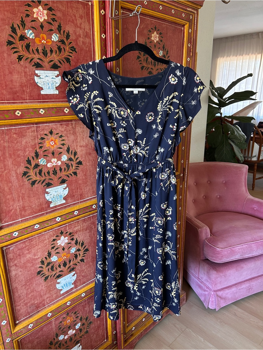 LOFT Navy Floral Midi Dress with Tie Waist